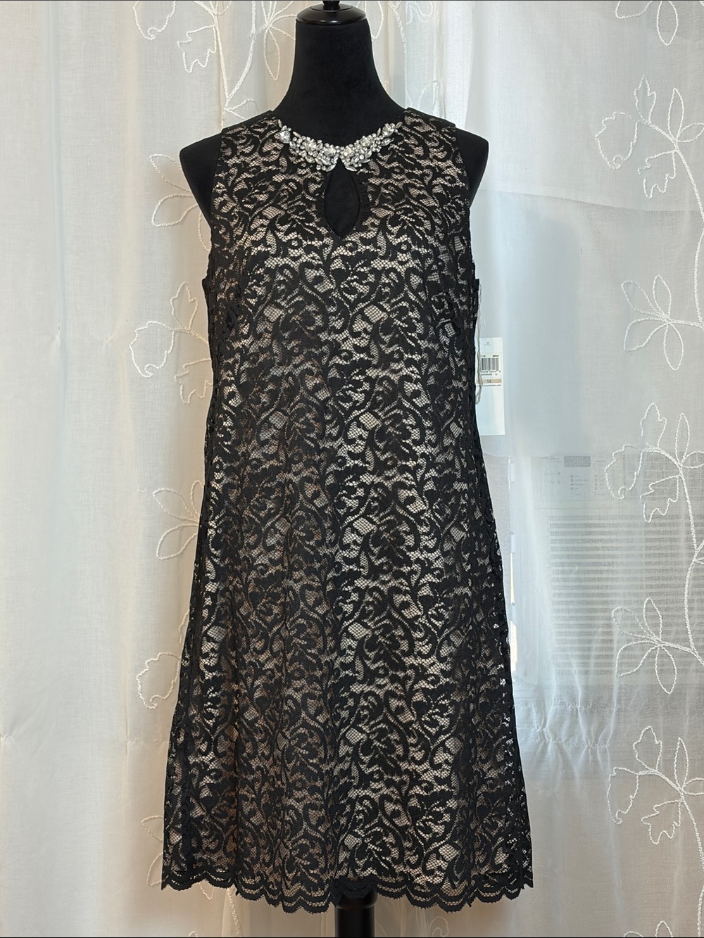 NWT London Times Black Lace Jewel-Neck A-Line Dress 12